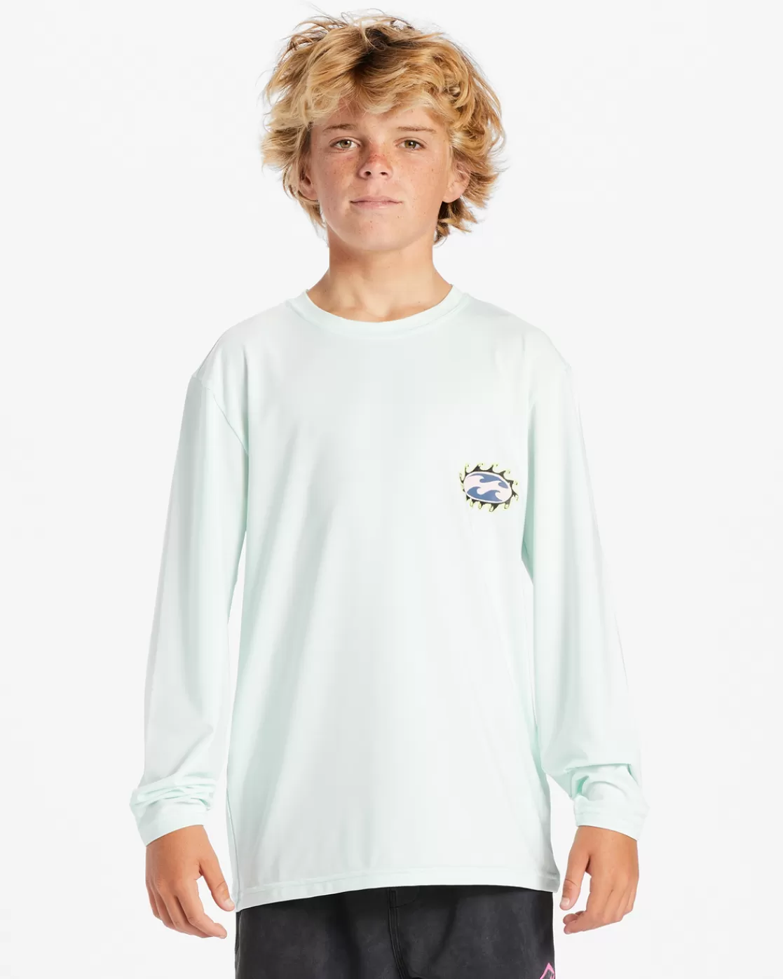 Sale Billabong Boy's Crayon Wave Long Sleeve UPF 50 Surf T-Shirt SEAGLASS