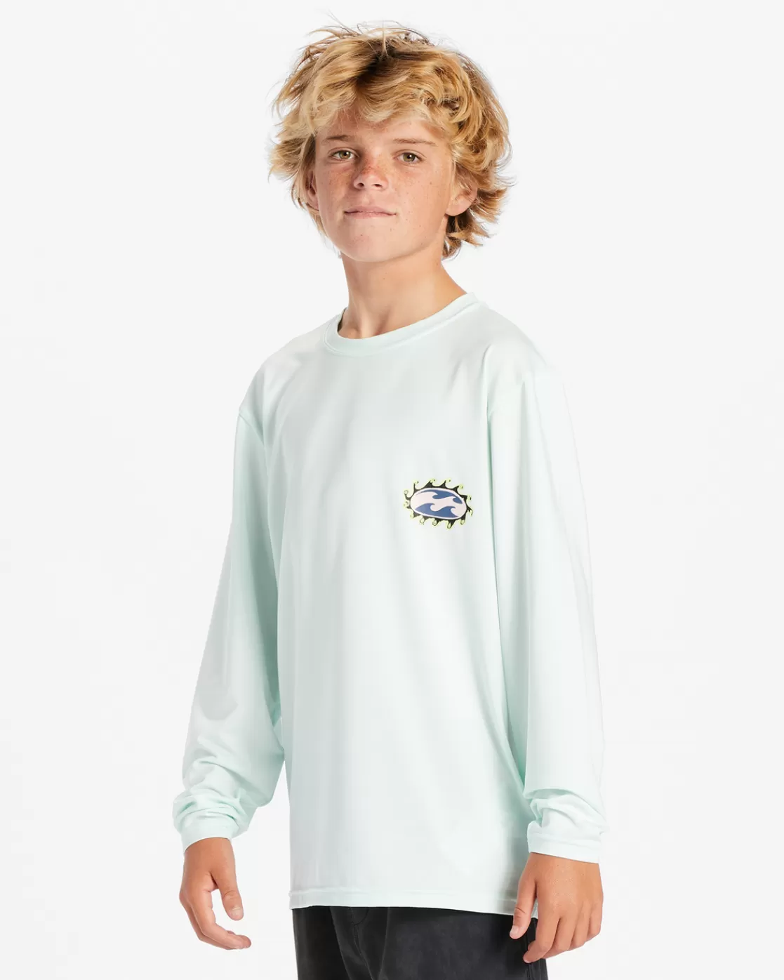 Sale Billabong Boy's Crayon Wave Long Sleeve UPF 50 Surf T-Shirt SEAGLASS