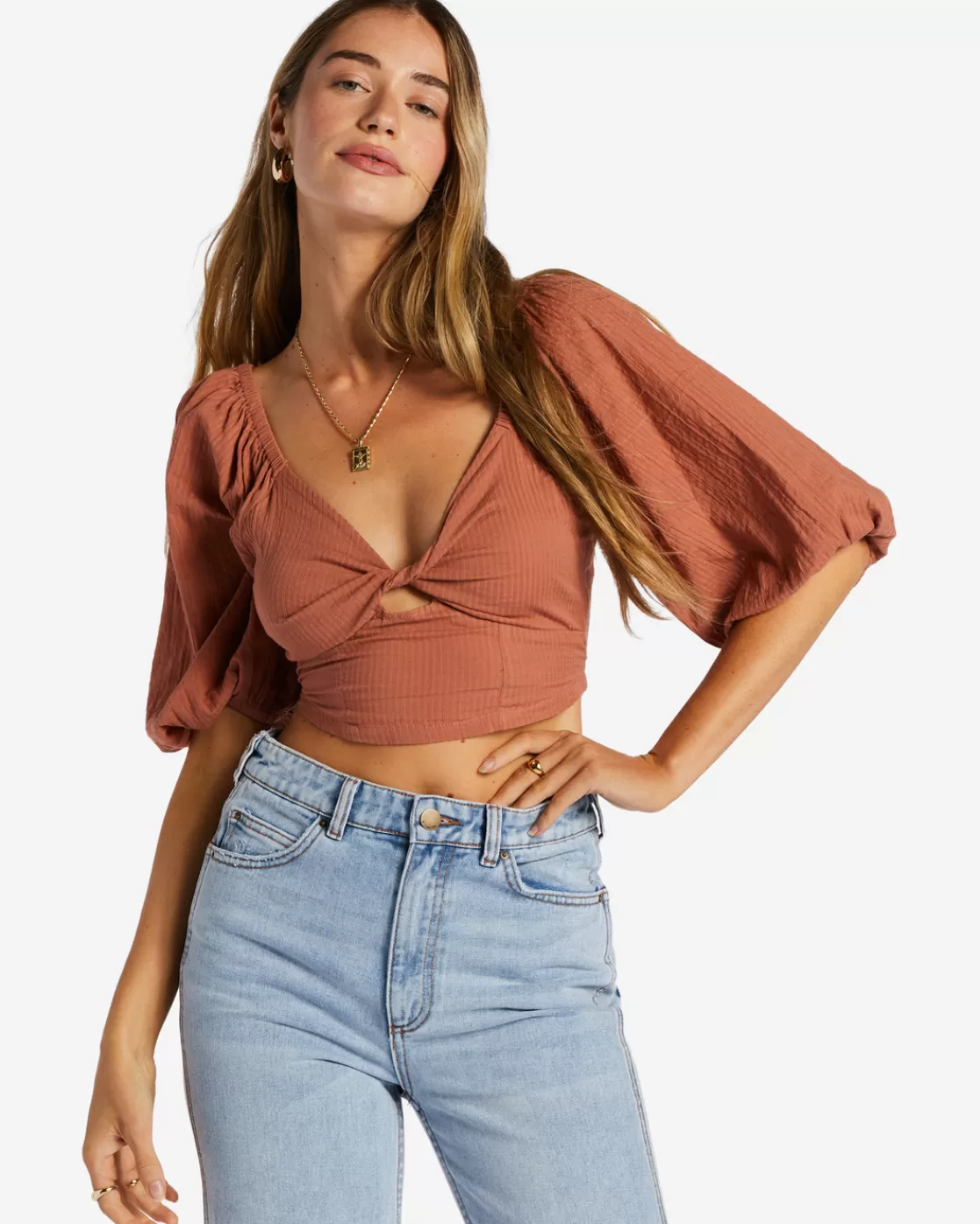 New Billabong Del Sole Top Puff-Sleeve Crop Top SWEET TEA