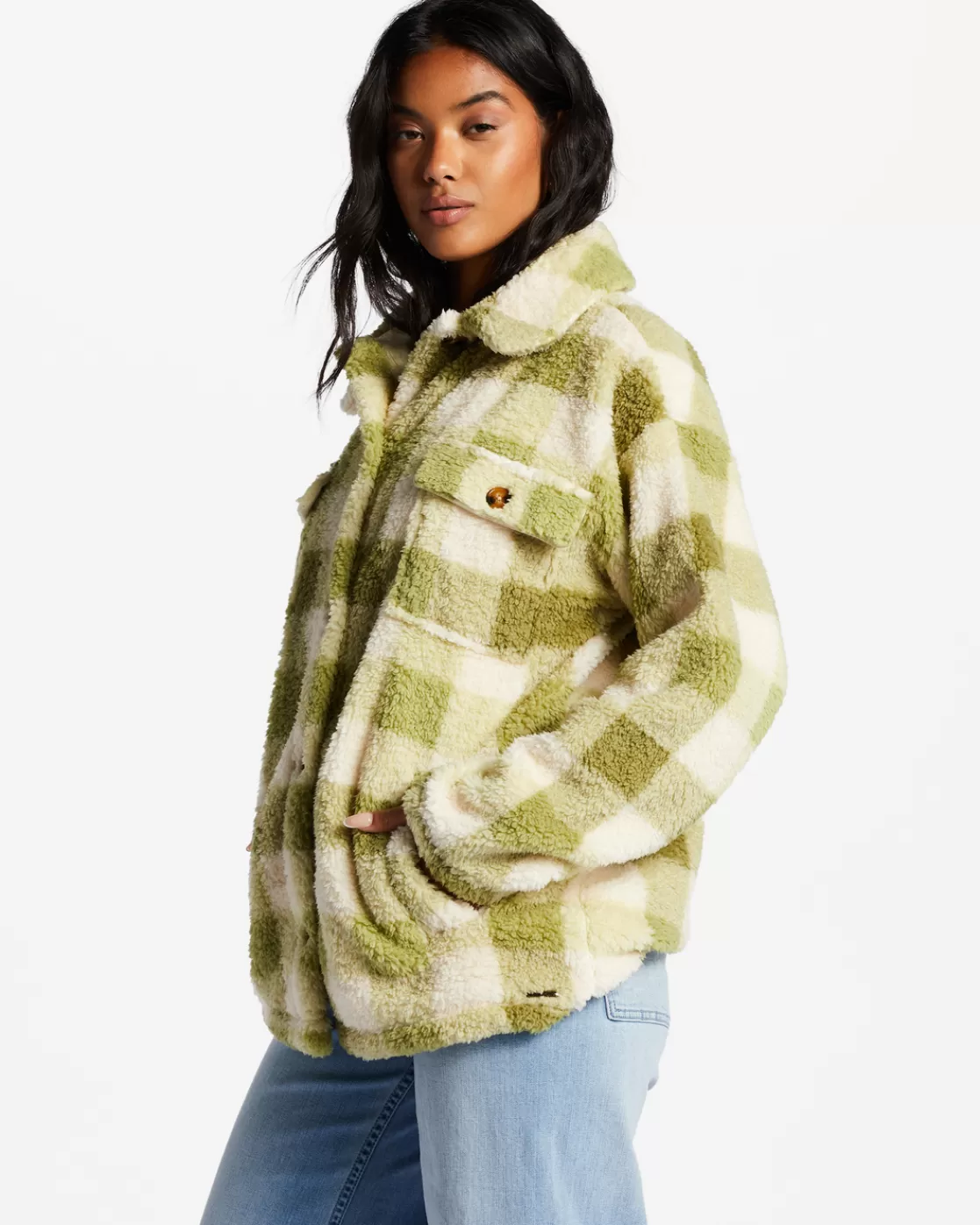 Sale Billabong Fairbanks Button-Up Teddy Bear Jacket GREEN EYES