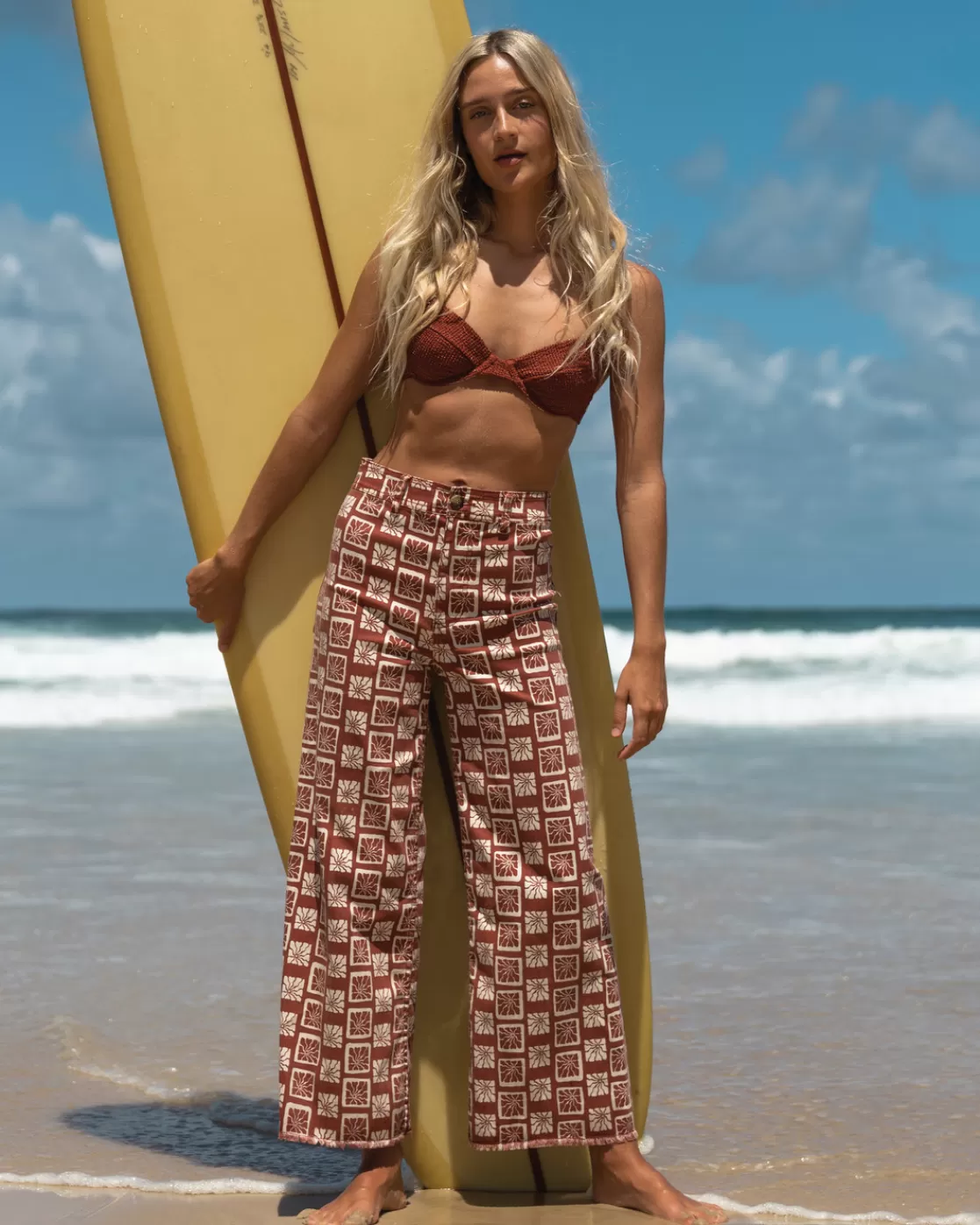 Discount Billabong Free Fall Print Wide Leg Pants DEEP SIENNA