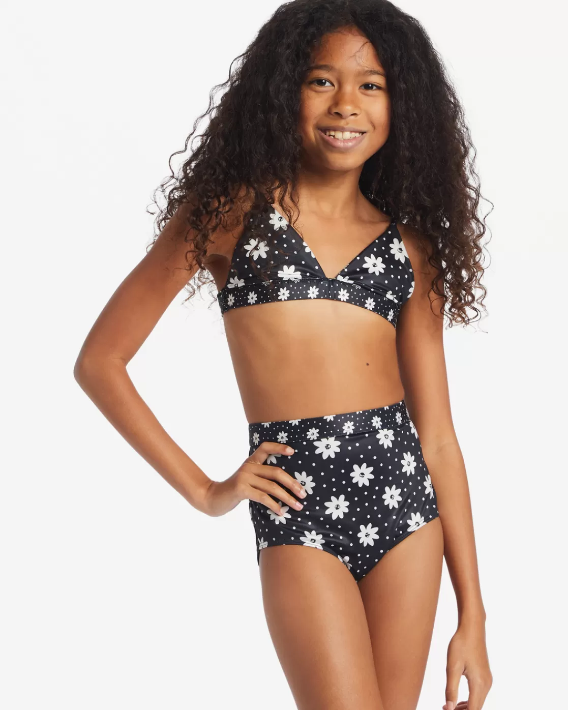 Best Billabong Girl's Flowers In The Sky Banded Tri Bikini Set BLACK PEBBLE