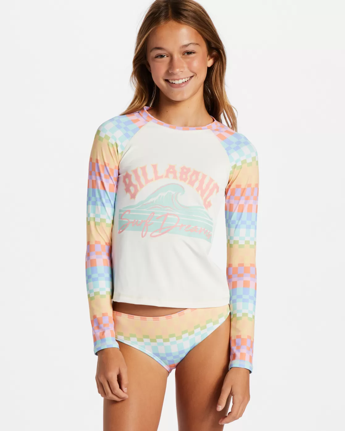 Hot Billabong Girl's Paradise Check Long Sleeve Rashguard Set MULTI