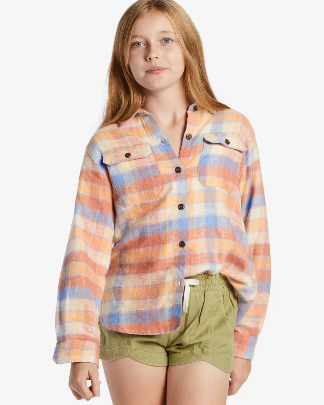 Cheap Billabong Girl's So Stoked Long Sleeve Flannel Shirt ROSE DAWN