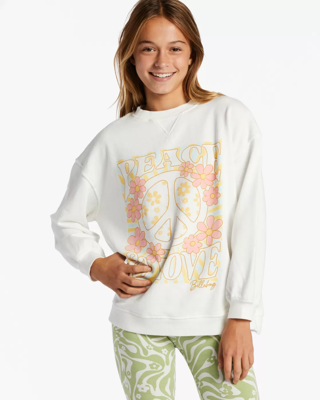 Best Sale Billabong Girls' Making Waves Crewneck Sweatshirt SALT CRYSTAL 2