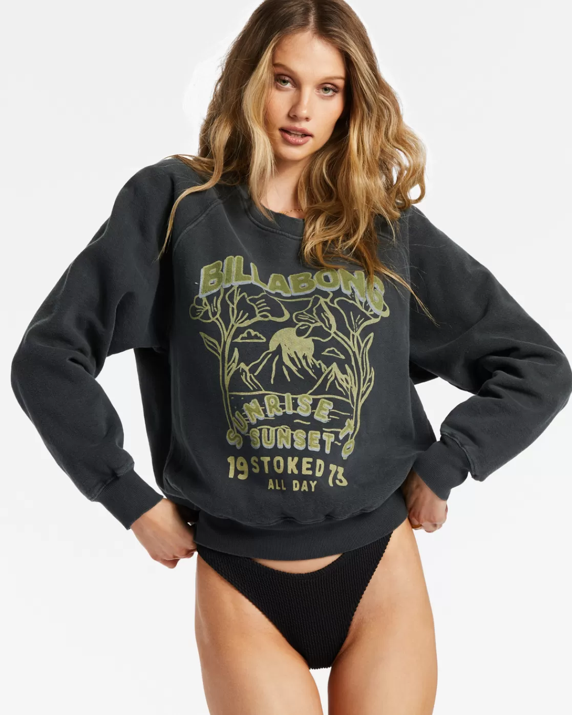 Clearance Billabong Here We Go Graphic Crewneck Sweatshirt BLACK PEBBLE