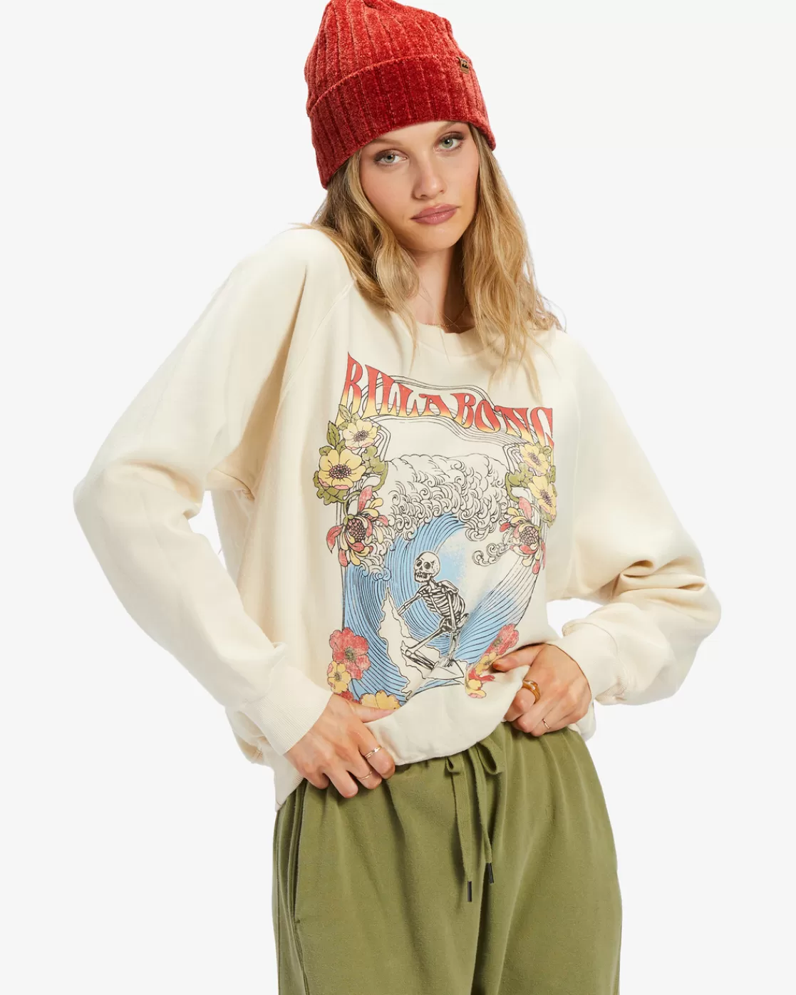 Shop Billabong Here We Go Graphic Crewneck Sweatshirt WHITE CAP