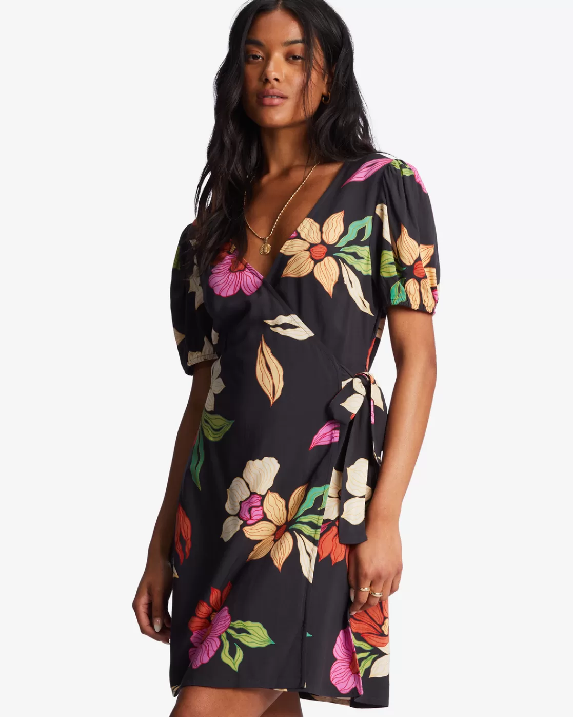 Sale Billabong Hot Tropics Mini Wrap Dress BLACK PEBBLE