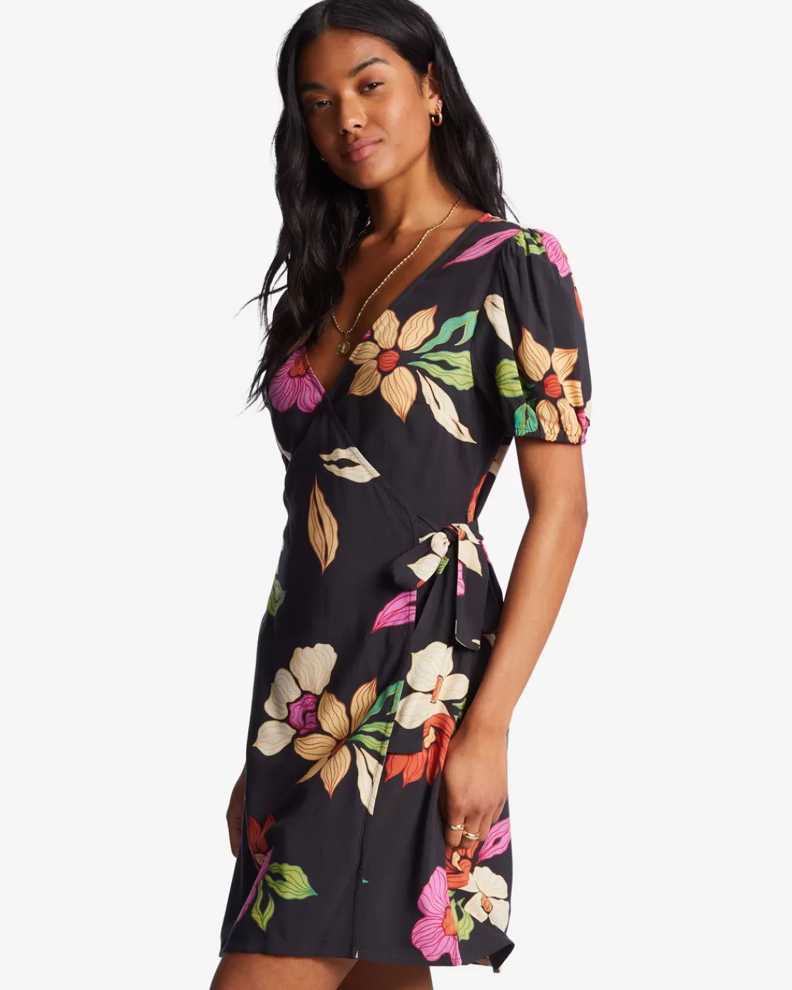 Sale Billabong Hot Tropics Mini Wrap Dress BLACK PEBBLE