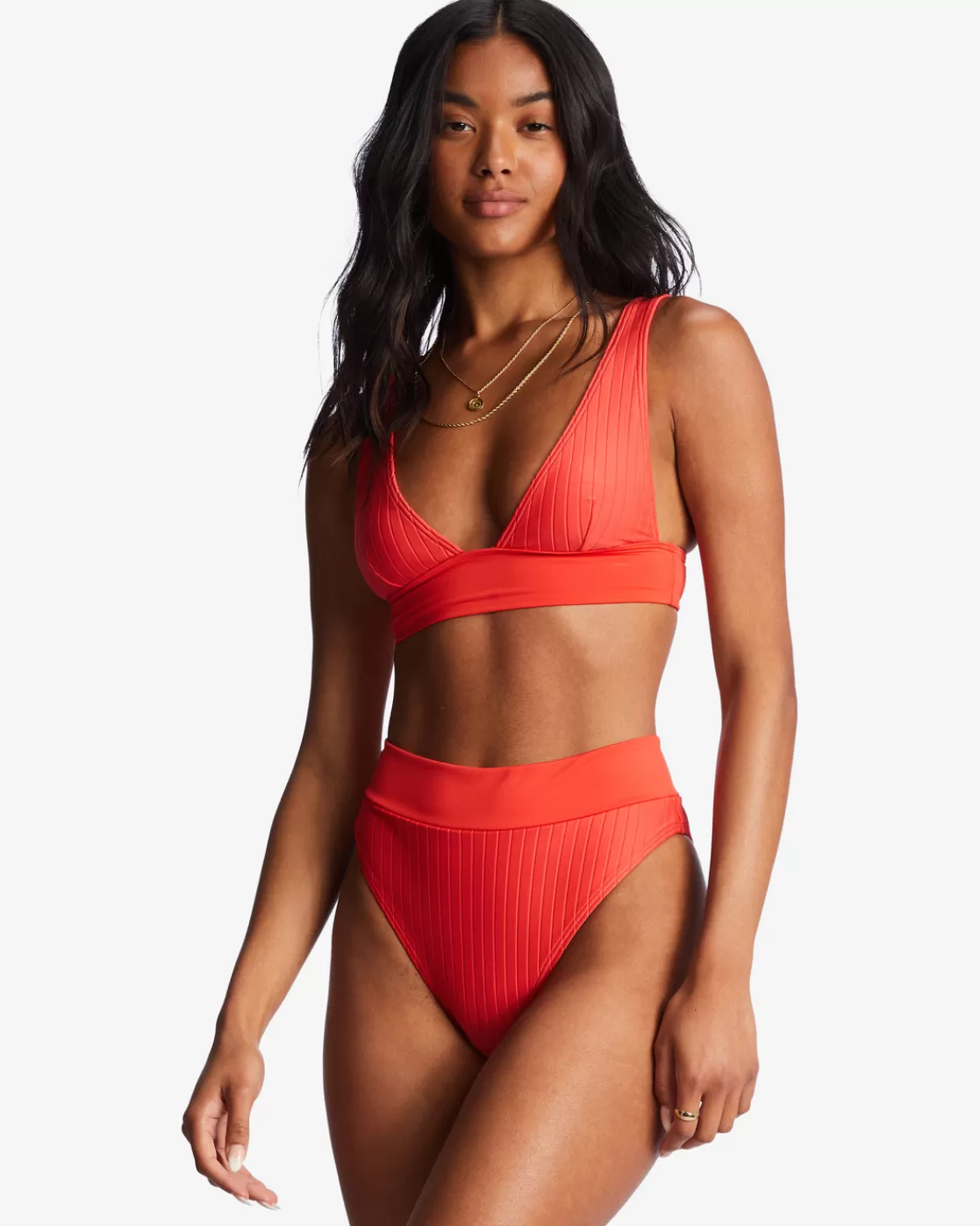 Outlet Billabong Lined Up Remi Plunge Triangle Bikini Top BRIGHT POPPY