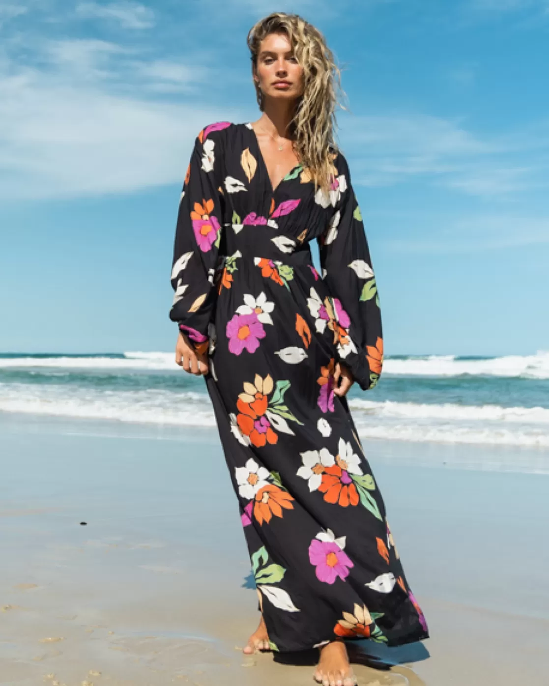 Store Billabong Night Bloom Long Sleeve Maxi Dress BLACK PEBBLE