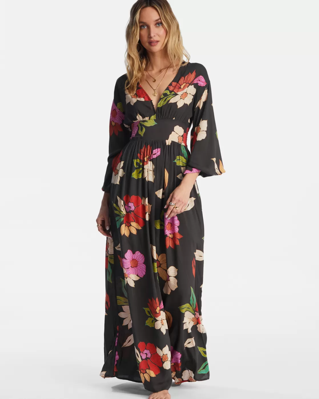 Store Billabong Night Bloom Long Sleeve Maxi Dress BLACK PEBBLE